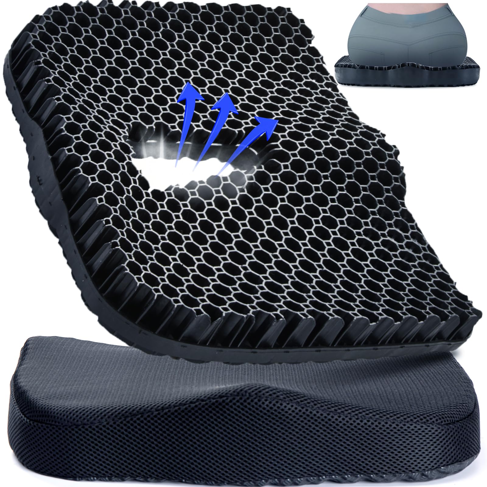 Cojín de asiento de gel para sentarse durante mucho tiempo y aliviar el dolor de cadera (tamaño grande), cojines 3D refrescantes para silla de oficina, coche, silla de ruedas, funda