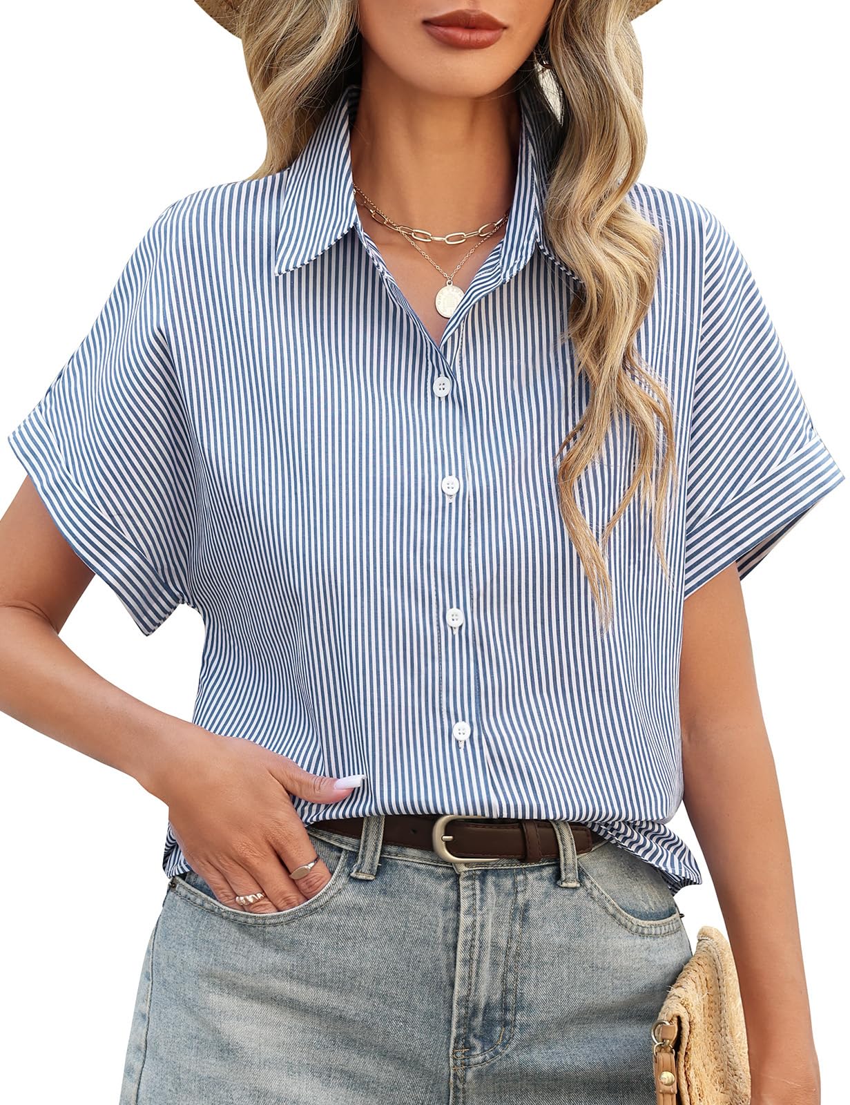 Camicia Donna Estiva Camicetta Manica Corta Elegante Scollo a V Camicia Cotone a Righe Blusa Loose Bottoni Classico Basic Casual Shirt