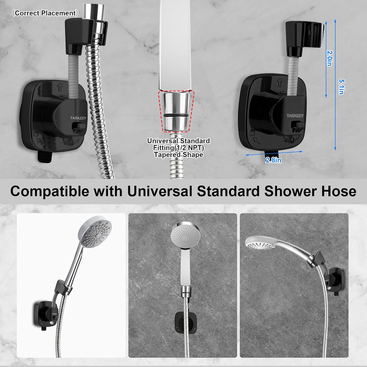 360° Swivel Shower Head Holder Suction, with Extra Adhesive Pad, Black | Tool-Free Install in Seconds, for Tapered Hose End, Removable and Reusable, Wall-Mounted Shower Hose Holder for Smooth Wall