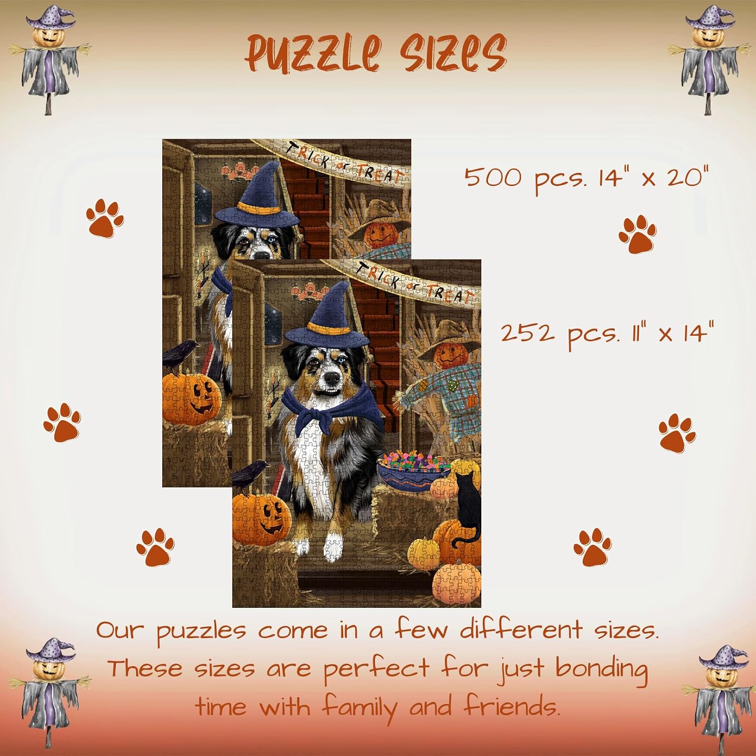 Enter at Your Own Risk Trick or Treat Halloween Australian Shepherd Dog Jigsaw Puzzle for Adults - Interlocking Puzzle Game -Gift for Dog Lover's - 300 Pcs 14"x20"