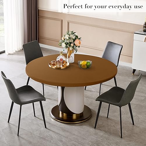 Miniatura 7 de Jieqier Paquete de 2 manteles redondos ajustables color marrón con bordes elásticos, impermeable, resistente a las manchas, para uso en exteriores e