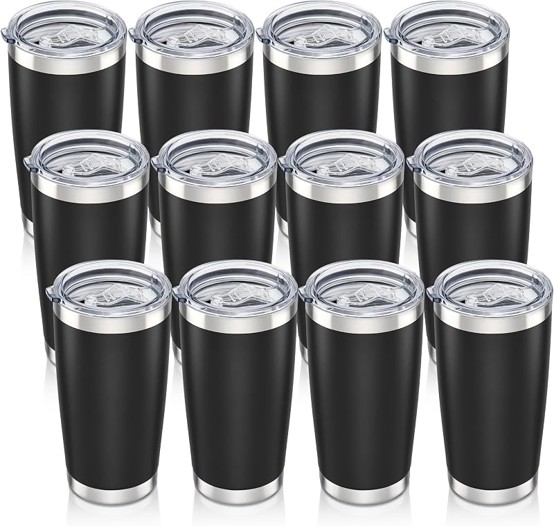 20 oz Tumbler with Lid Stainless Steel Insulated Tumblers Bulk Cups Mug | Double Wall Vacuum, Powder Coated, Keep Drinks Cold and Hot, Waterproof Lid, Fit of Car Cup Holders, Black, 12 Pack