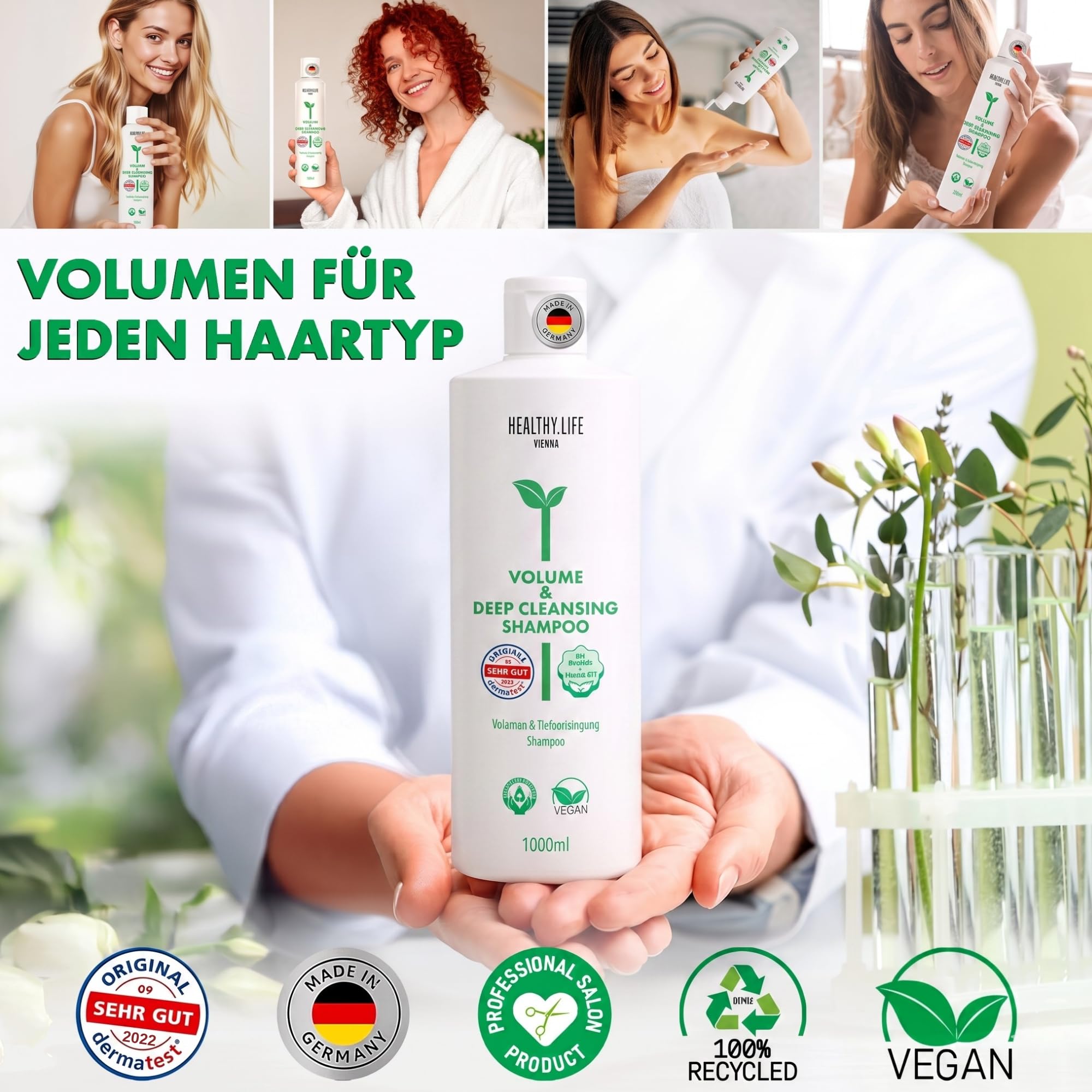 HLV – Volumen & Tiefenreinigung Haar Shampoo mit Vitamin B5 – Ingwer & Bambus Extrakt, VEGAN, Naturkosmetik, Mildes Haarshampoo für Feines Haar, Deep Cleansing, Haarpflege für Damen & Herren (1000ml)
