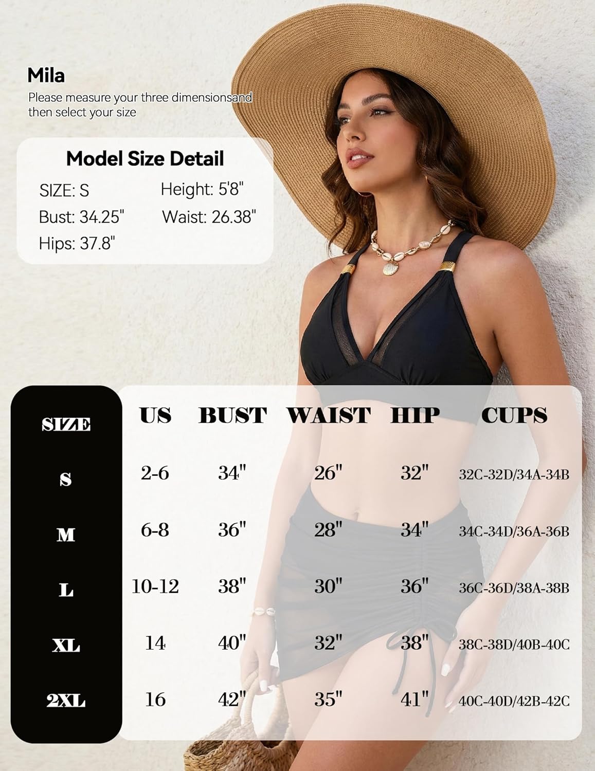 Womens Bikini Sets 2 Piece Swimsuits with Mesh Skirt, Summer Push Up Bathing Suit Swimwear with Padded