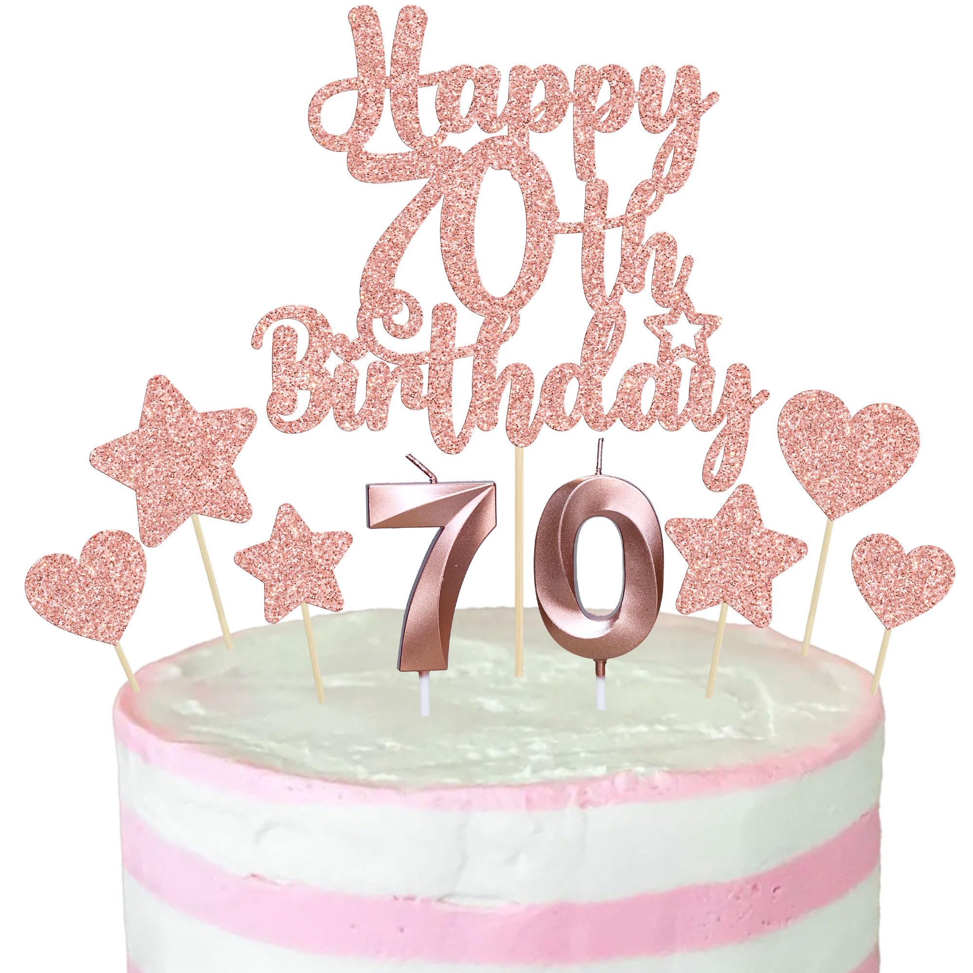 Gyufise 15Pcs Happy 70th Birthday Cake Topper Set with Heart Star Glitter Cheers to 70 Years Cake Picks Number 70 Candles Cake Decorations for Happy 70th Birthday Anniversary Party Supplies Rose Gold