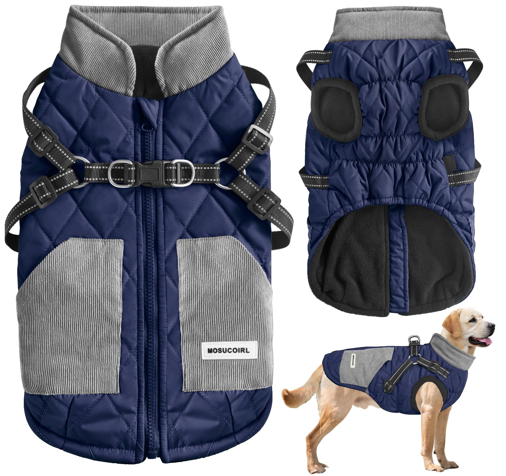 Mosucoirl Warm Dog Coats Pet Clothes, Waterproof Dogs Jacket Reflective Pet Outfits Winter Dog Cold Weather Coat Cozy Snow Jackets Vest for Small Medium Large Dogs Puppy Doggie (NavyBlue, XXL) โ image 1