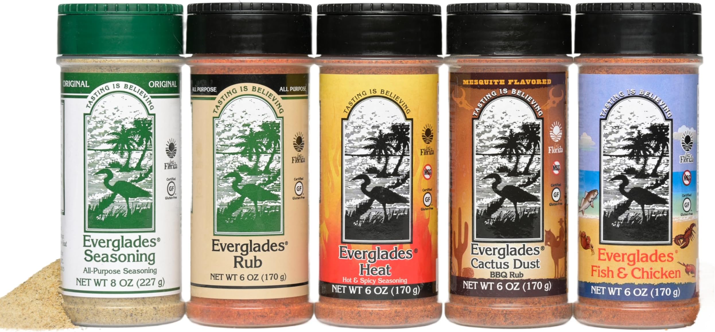 Everglades Seasoning Sampler Pack – 5 Flavors Cactus Dust, Heat, Fish & Chicken Rub 6 oz Each (Pack of 5) Made in USA, Bold & Savory Spices for Grilling, Cooking & BBQ