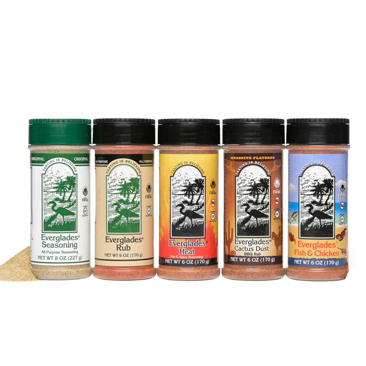 Everglades Seasoning Sampler - 5 Flavor BBQ Rubs & Florida Spices - 6 oz Each, Pack of 5