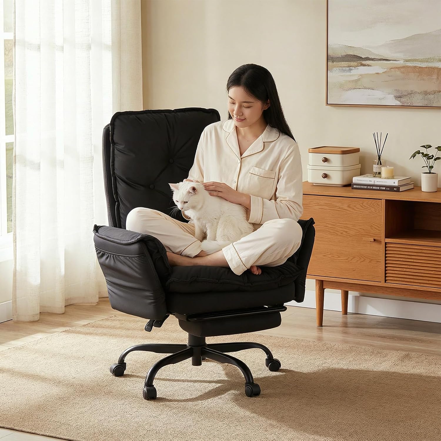 Bestier High Back Executive Chair with Flip-Up Armrests Wheel, Black Velvet