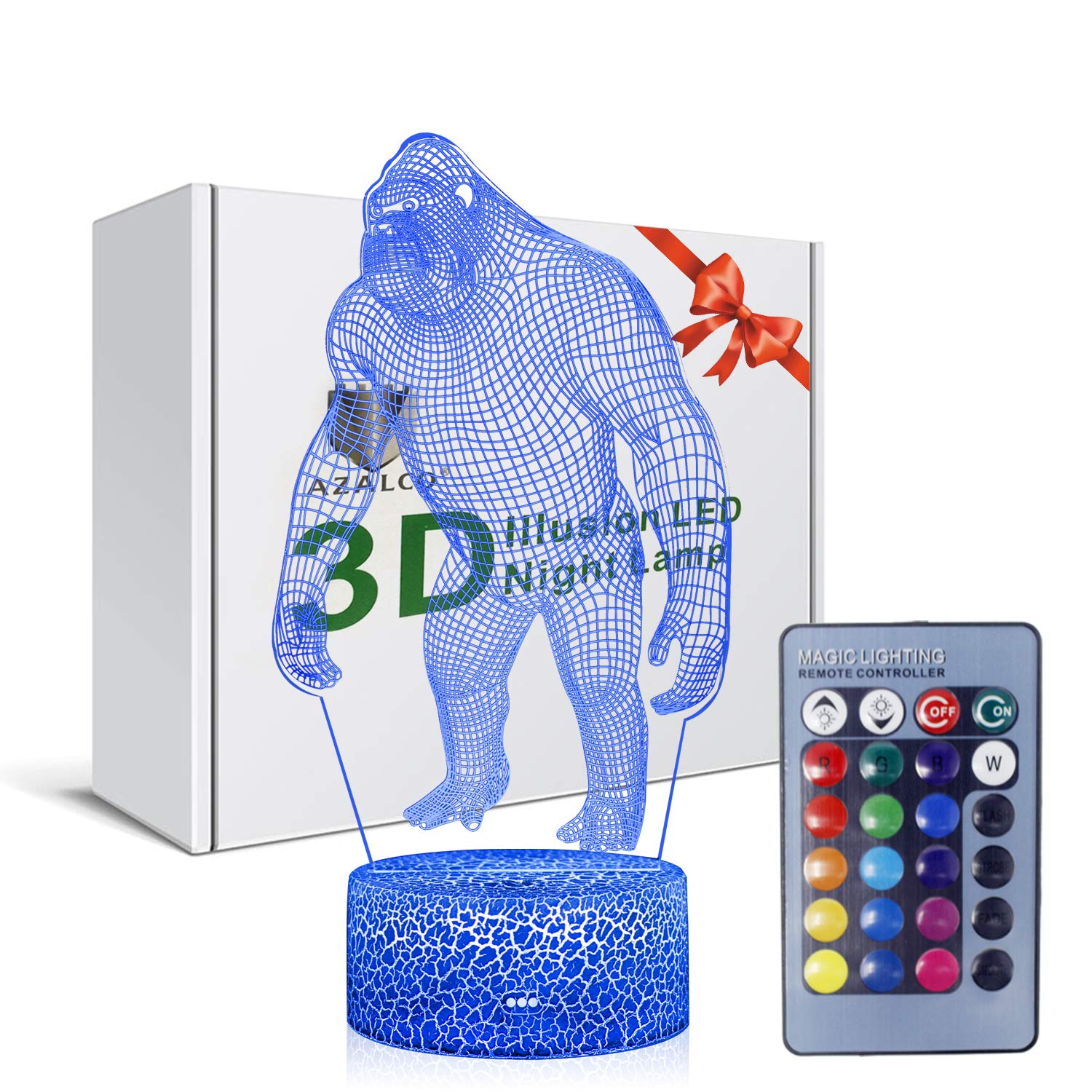 AZALCO 3D Illusion Monkey Gorilla Orangutan Night Lamp 16 Color Change Touch White Base Power by AA Batteries Chrismas Xmas Gift for Boy Girl Teenage