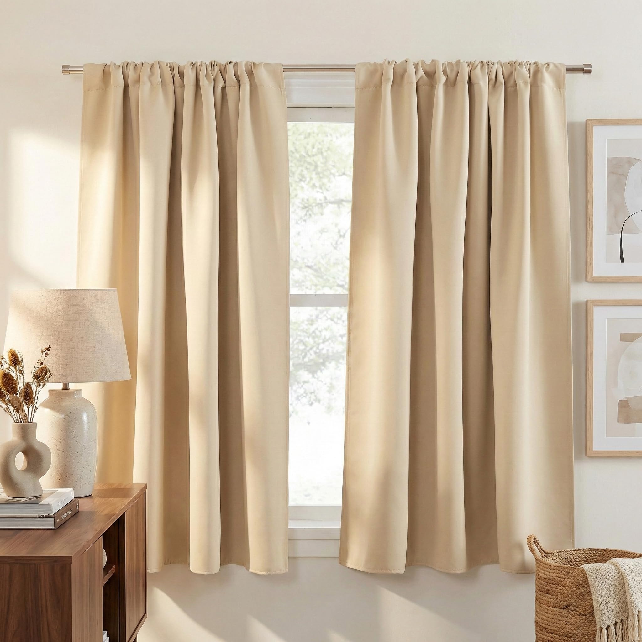 PONY DANCE Beige Short Thermal Curtains 54 Inch Length - Kitchen/Bedroom Curtains Rod Pocket Room Darkening Home Decor for Kids' Room, 42 Inch Wide by 54 Long, Biscotti Beige, 2 PCs