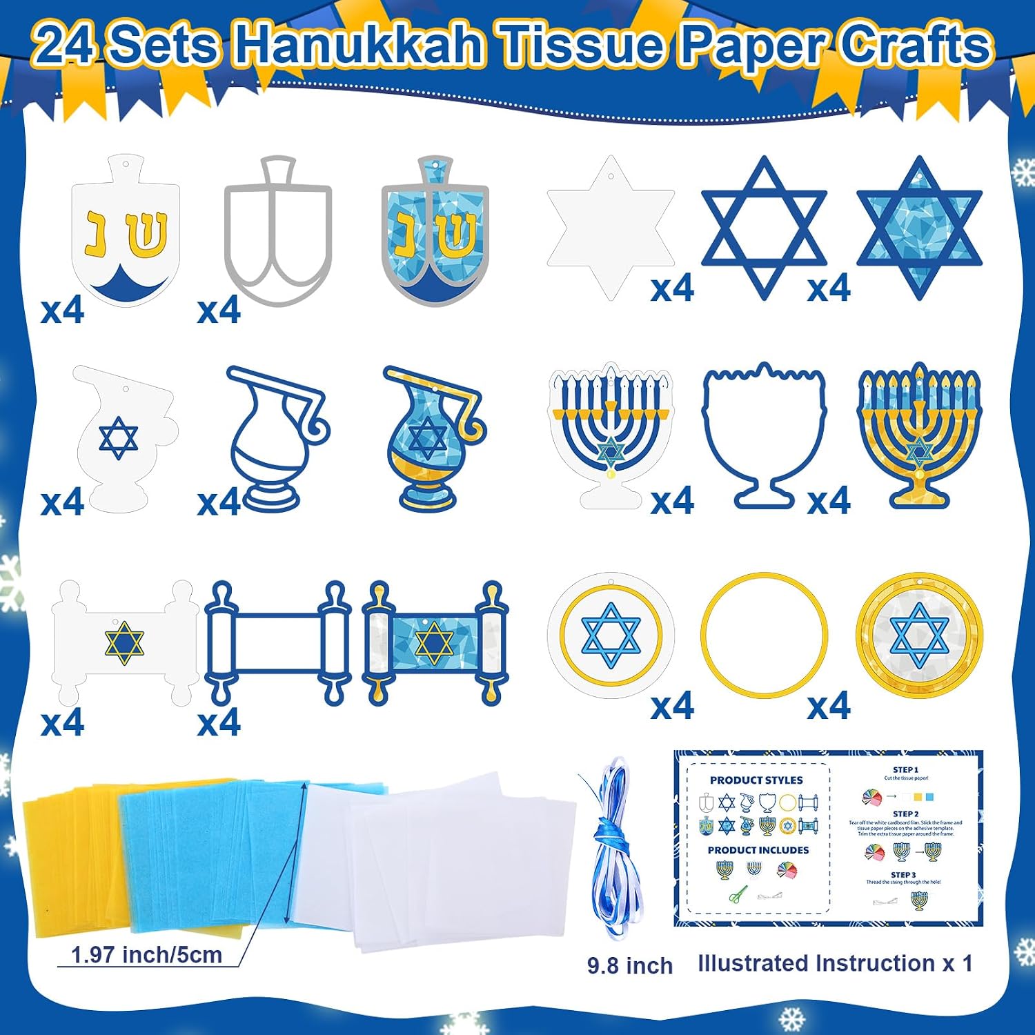 Feifeiya 24 Sets Hanukkah Suncatcher Crafts, Tissue Paper Crafts, Hanukkah