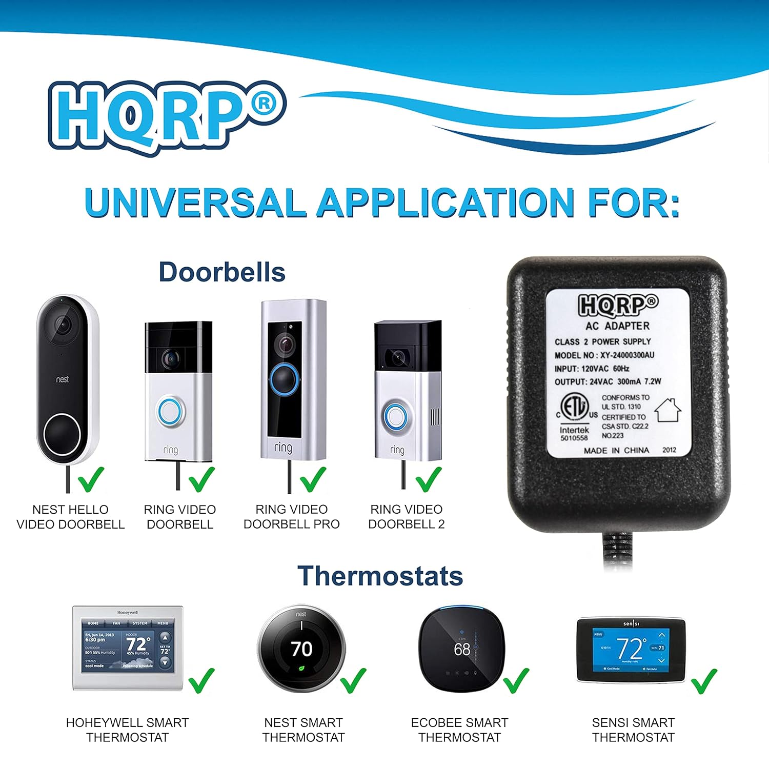 HQRP 24V AC Adapter Transformer Compatible with Ring Nest August Remo+ RemoBell S Doorbell, Hive Thermostat C-Wire, 25ft Cable