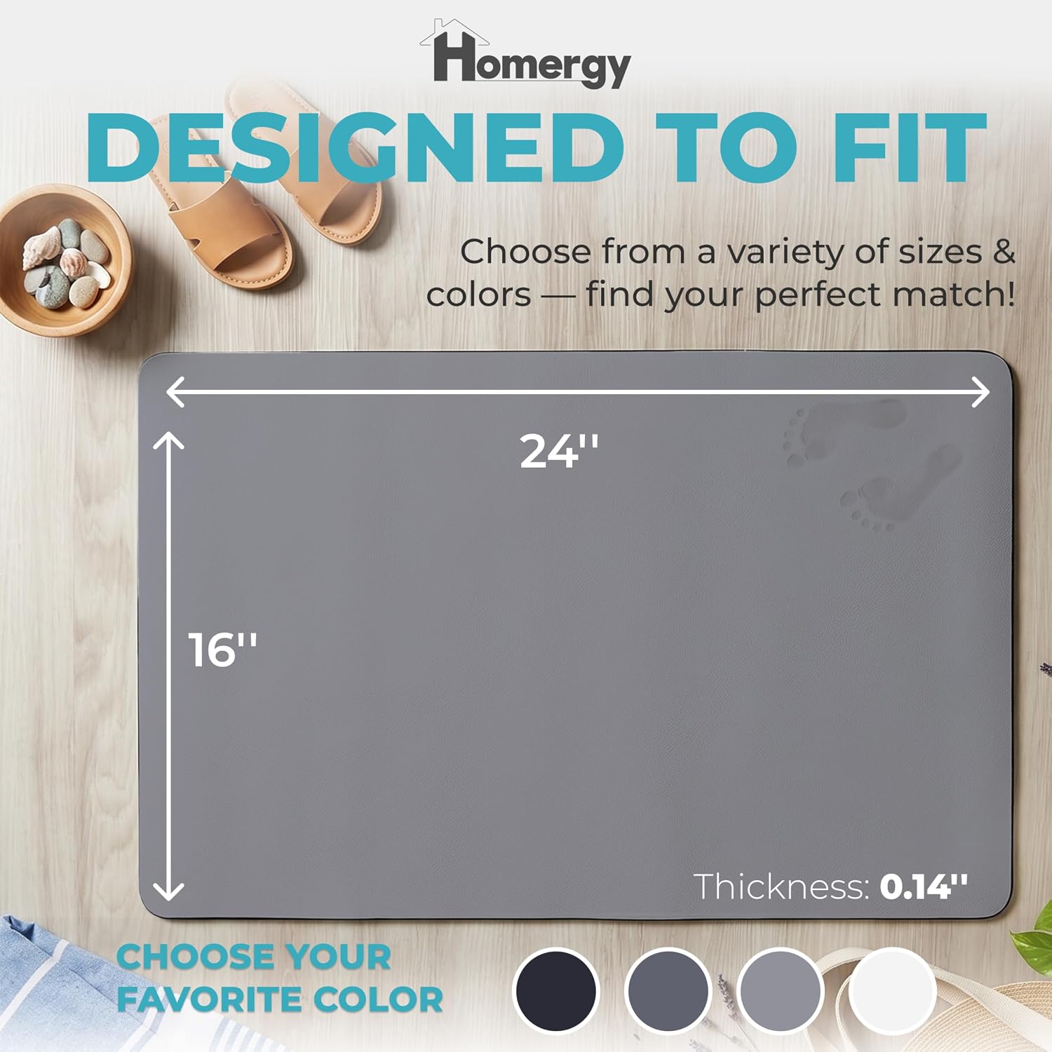 Homergy Bath Mat for Bathroom Non Slip, Quick Dry, 16x24 in, Grey | Ultra absorbent, machine washable, mildew resistant shower mat with rubber backing for tub, poolside and outdoor showers