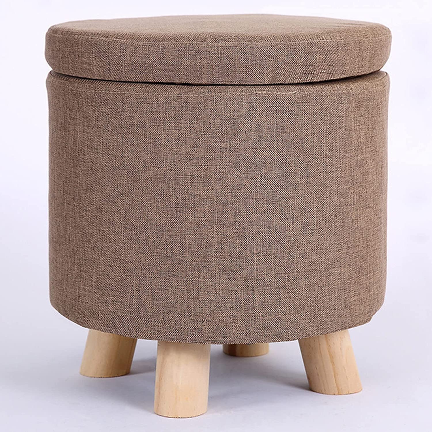 Pouf de rangement rond marron clair en coton et lin, tabouret bas de salon 35x33cm