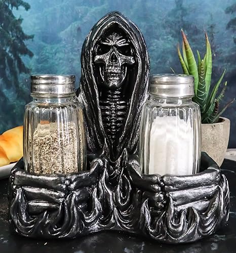 Miniatura 2 de Ebros Gift Juego de figuras góticas del Día de los Muertos, decora el alma sentada en la capucha, juego de salero y pimentero, 5.5 pulgadas de alto,
