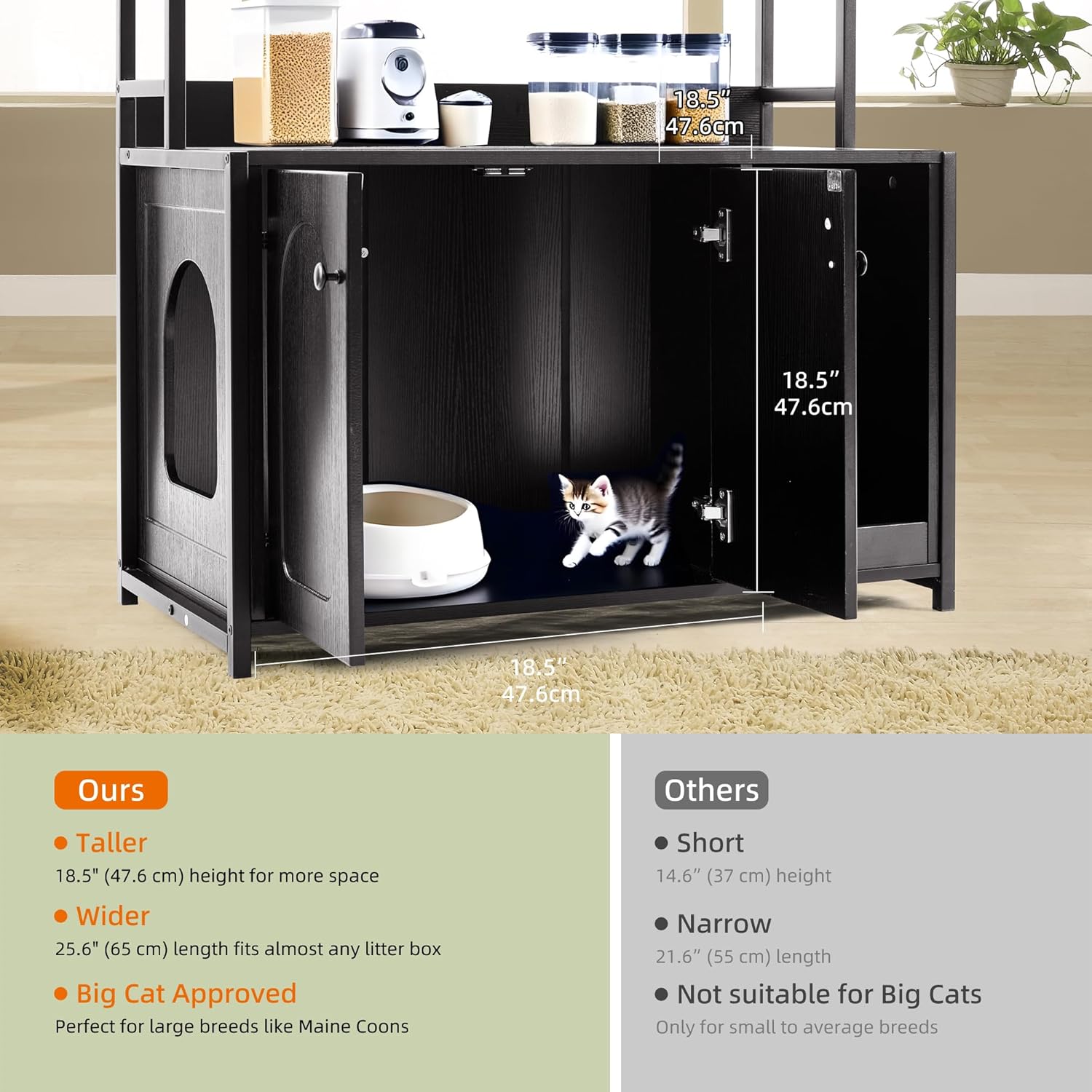 Garvee Cat Litter Box Enclosure with Shelves, 52'' Large Hidden Cats Furniture for Most Litter Box, Wood Enclosed Dog Proof Cat Kitty Cabinet with Scratch Mat Black
