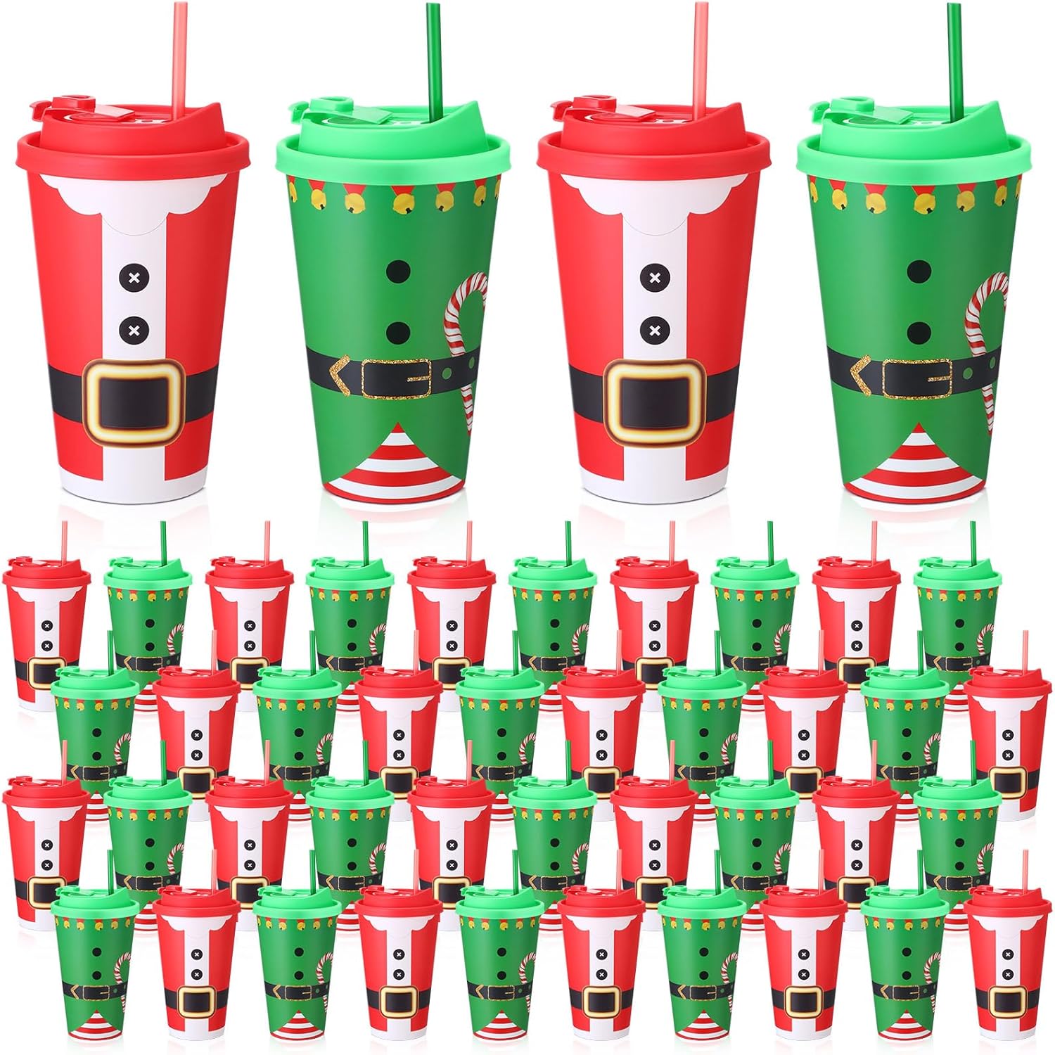 50 Pcs 16 oz Christmas Cups with Lids and Straws, Christmas Party Favors Supplies, Santa Elf Belt Pattern Plastic Christmass Party Cups for Xmas Winter Holiday White Elephant Party Decorations