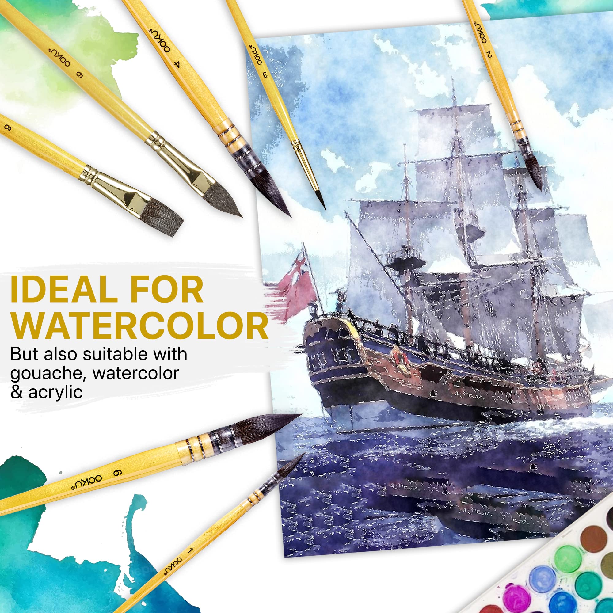 OOKU Lot de 8 pinceaux professionnels pour aquarelle - Mélange de poils d'écureuil - Pour un débit constant - Manche court - Pour artistes - Peinture artistique, gouache