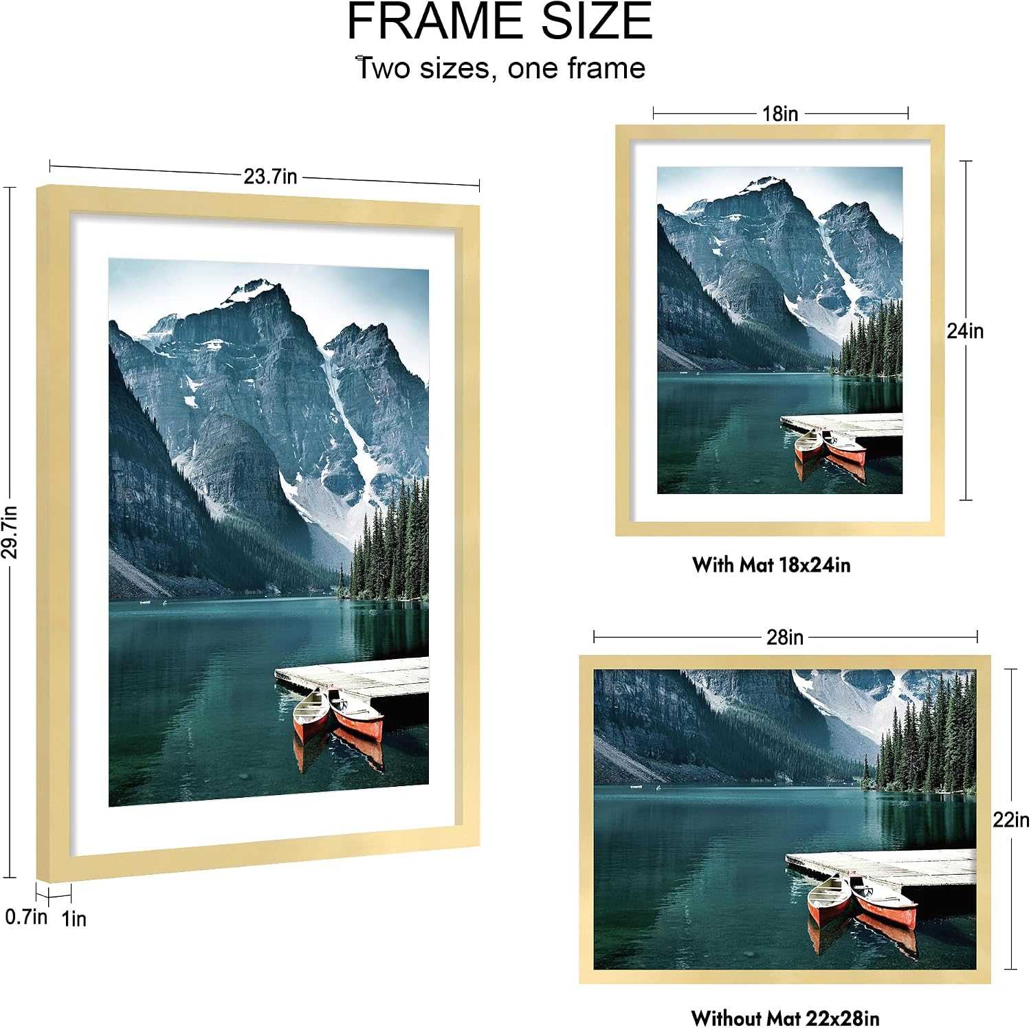 hongkee 22x28 frame set of, gold wood style - display posters 18 x 24 with mat or 22x28 without mat, wall mounting horizontal and vertical gold 22x28 in