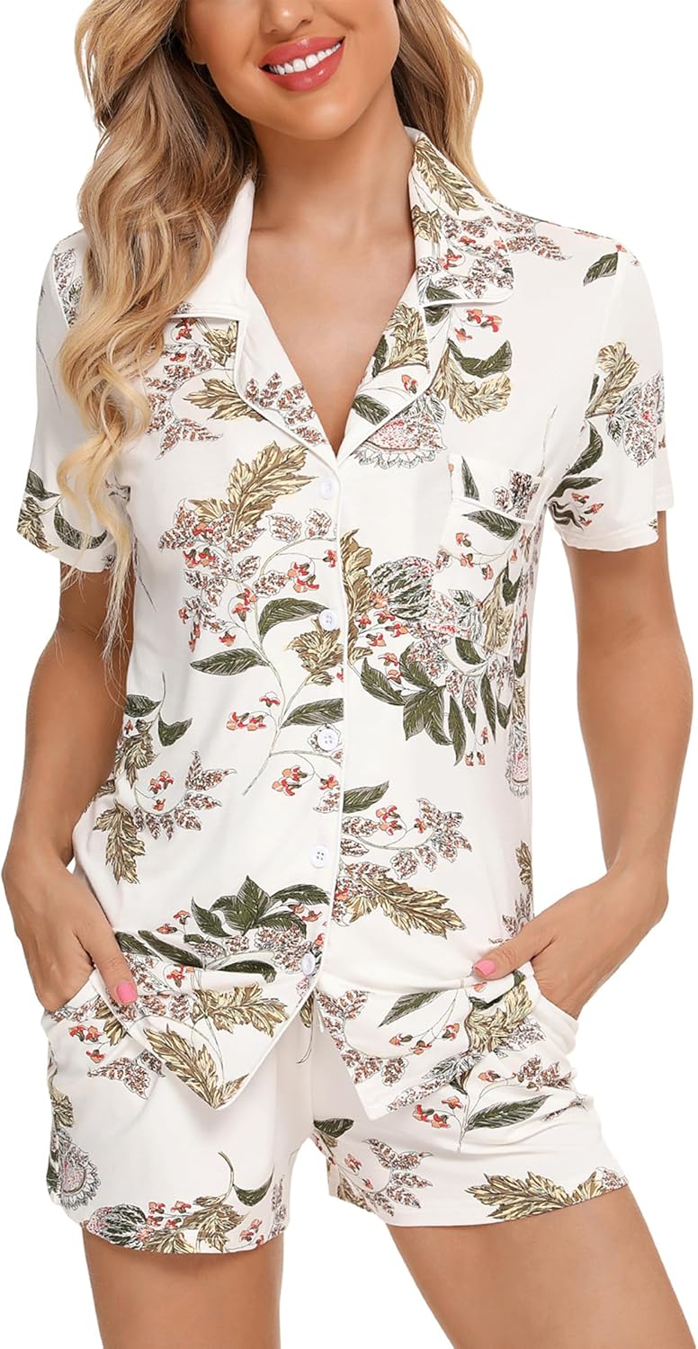 Pjmlifecoco Women's Modal Pajama Set Short Sleeve Button Down Two Piece Soft Sleepwear with Shorts Loungewear S-XXL - Image 2