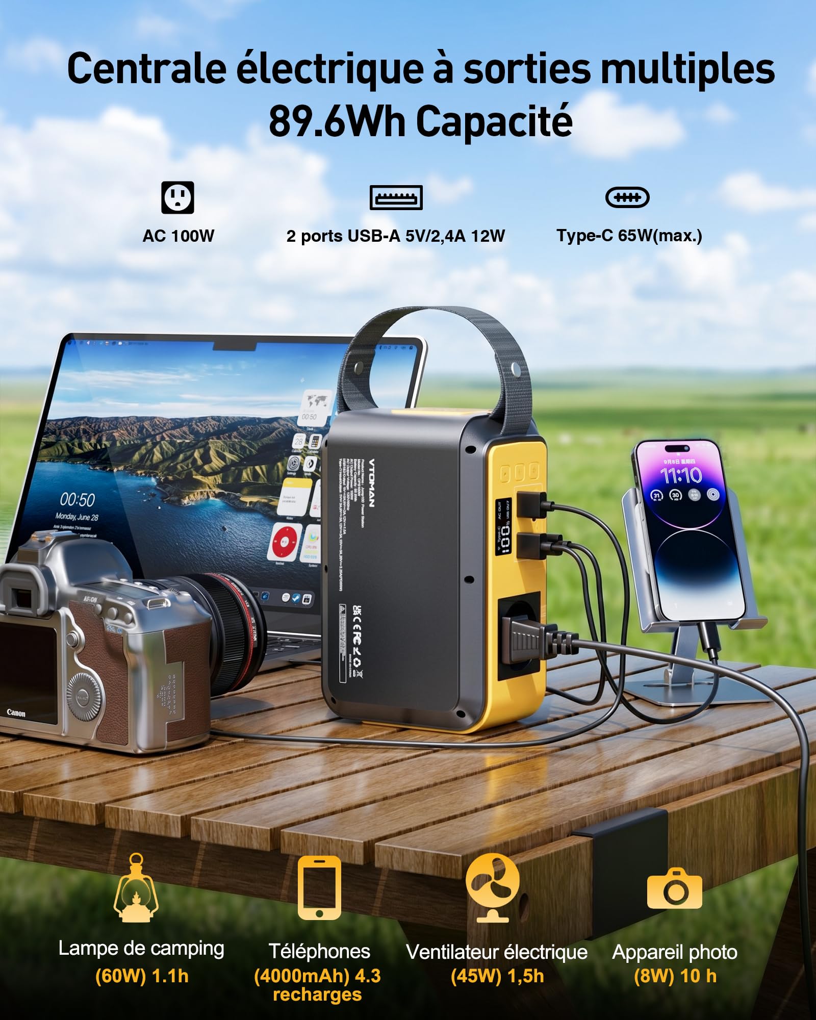 VTOMAN Jump 100 station portable, 89,6Wh LiFePO4, 100W CA charge PD 65W | Cellules LiFePO4 sûres durables, charge multi-appareils, design compact, camping et secours