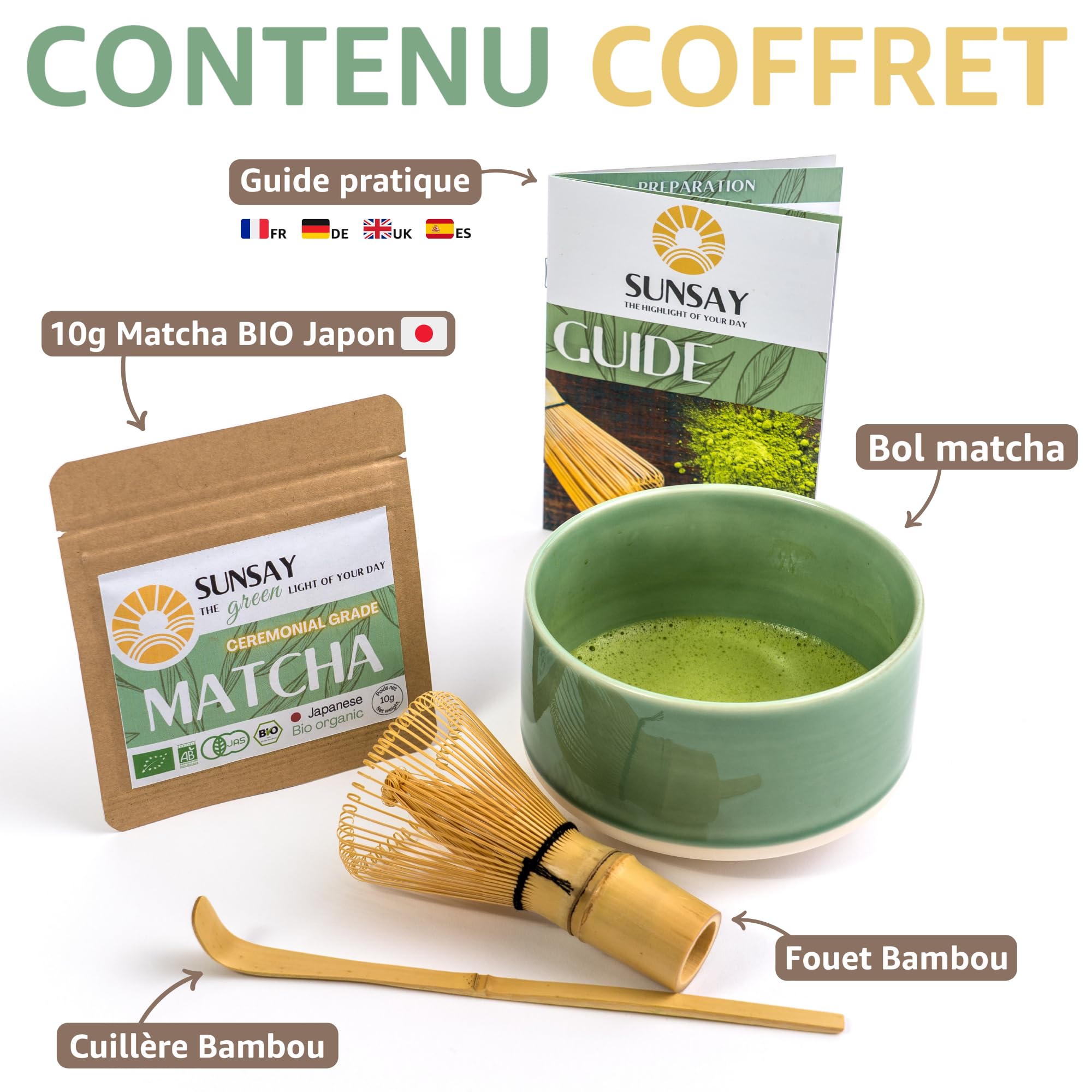SUNSAY® Kit Matcha Bio Japonais | Coffret Complet avec Matcha Grade Cérémonial + Bol Chawan + Fouet Chasen + Cuillère Bambou | Conditionné en France
