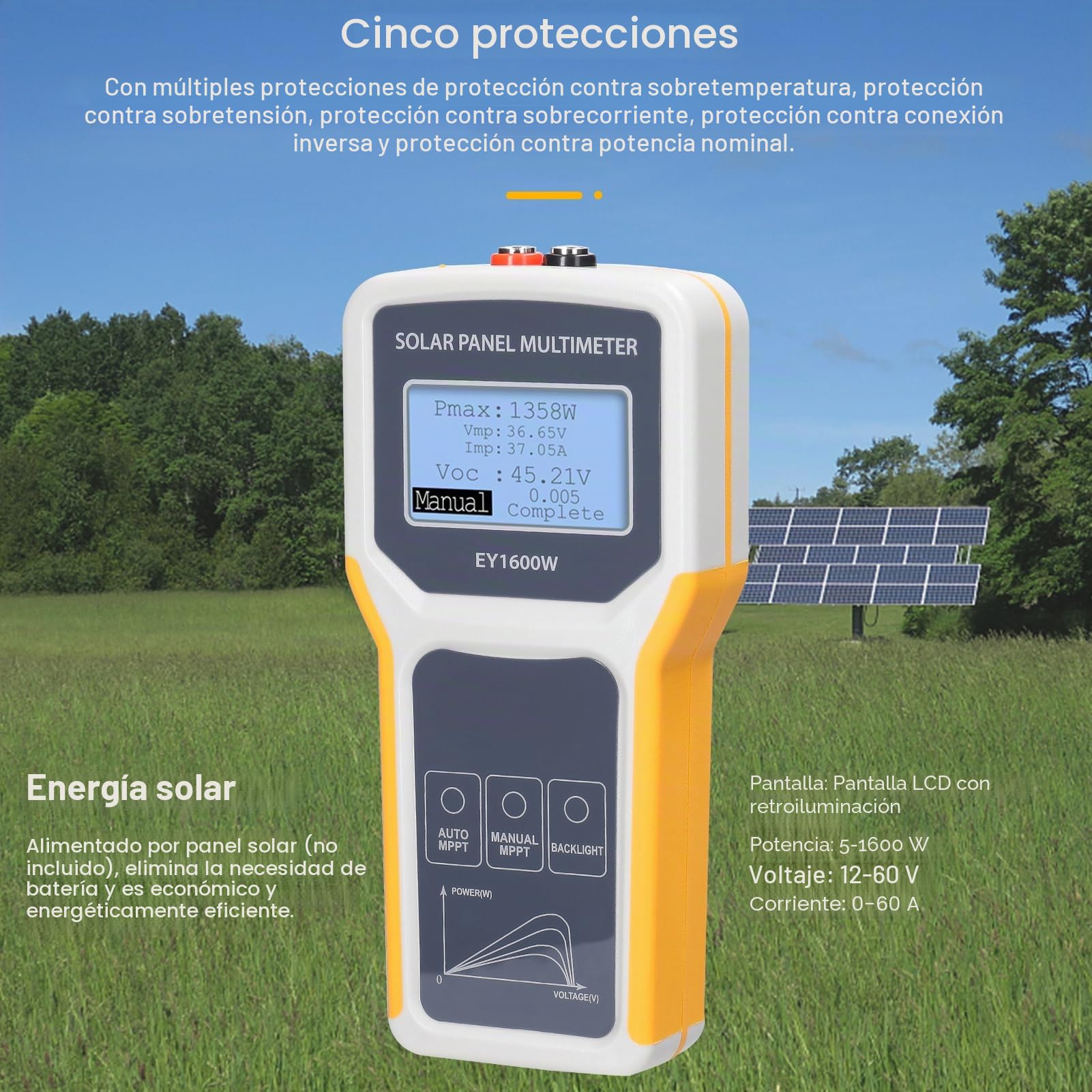 Multímetro de panel solar, probador MPPT de panel solar de 1600 W, probador de voltaje de circuito abierto, voltaje de punto de potencia de masa, medidor de prueba de potencia actual con LED