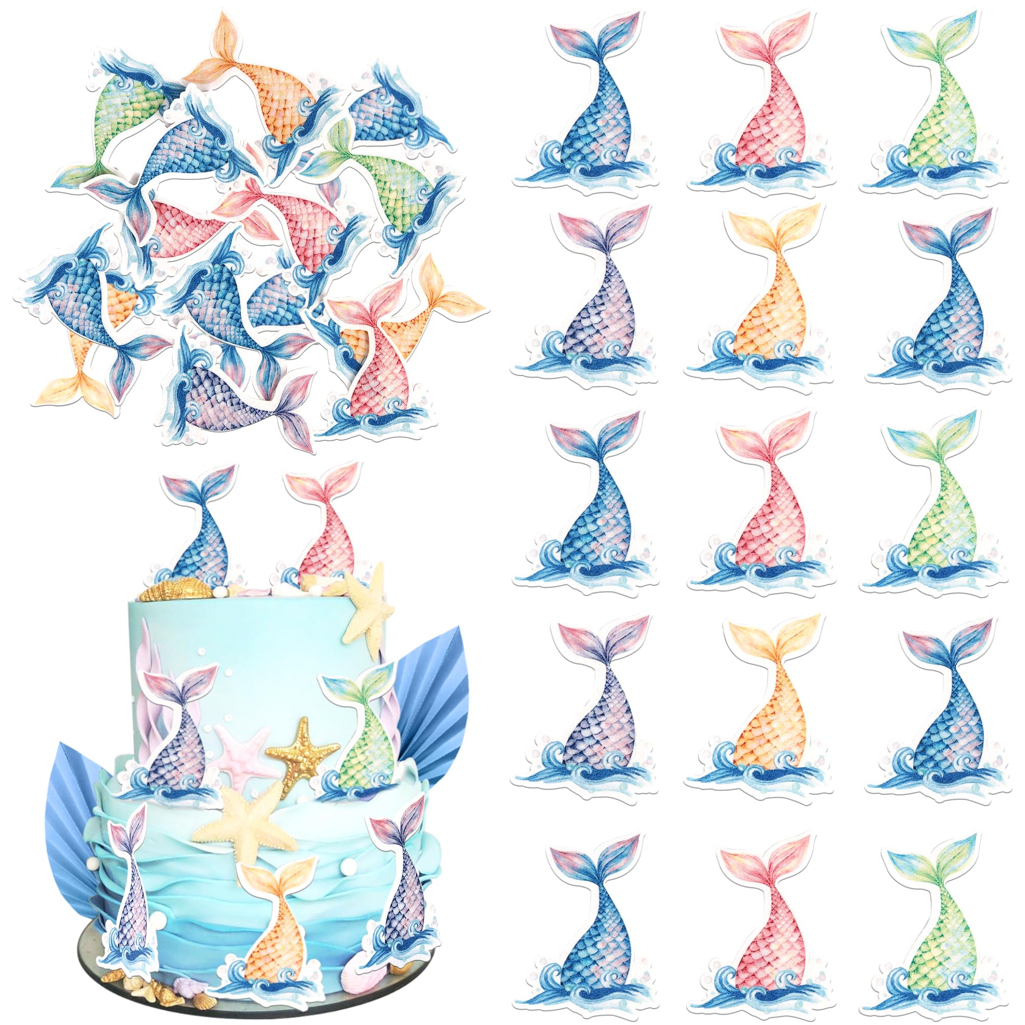 Xsstarmi 60 Pack Edible Mermaid Cupcake Toppers Rice Paper Mermaid Tail Cupcake Picks for Under the Sea Theme Baby Shower Kids Birthday Party Cake Decorations Supplies