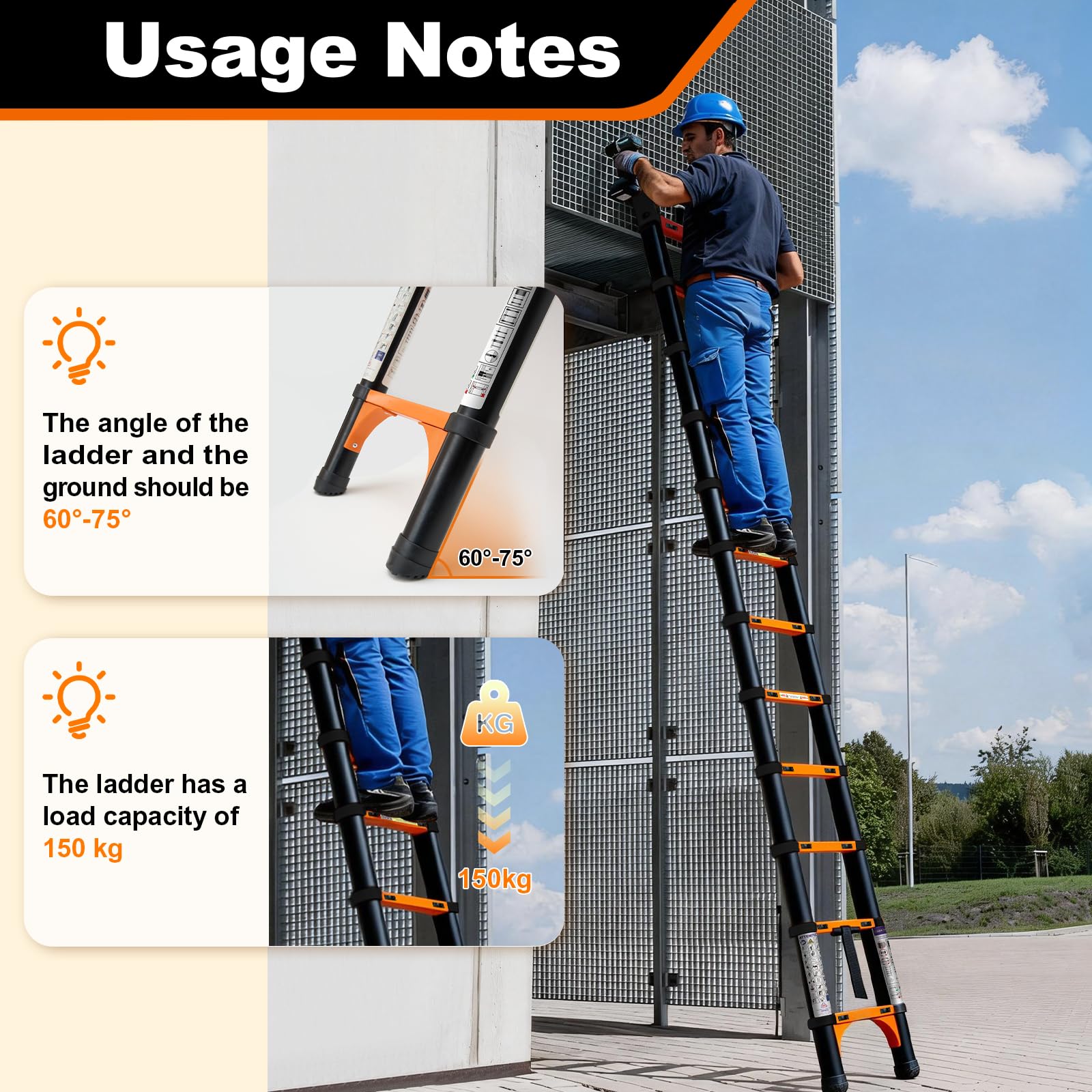 3,2m Escalera telescópica, escalera plegable de alta calidad extensible con estabilizador, escalera plegable antideslizante portátil multiusos para el hogar y exteriores para autocaravanas