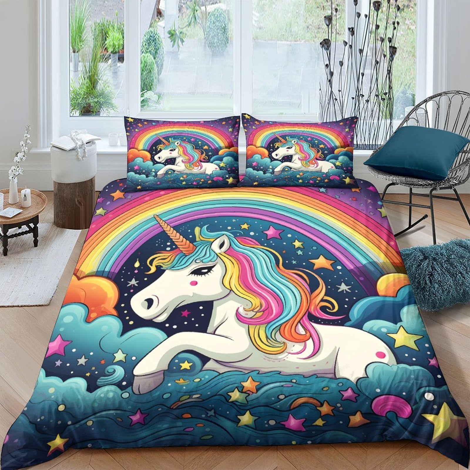 Ctjqhvkz Style-1 3D Printed Rainbow Unicorn Fitted Sheet Microfiber Soft Multicolor Dreamy Star Mattress Cover For Bedroom Decor Single（135X200cm）