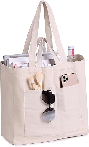 Miniatura 7 de Bolsas de lona de lujo para comestibles espaciosas y elegantes, algodón de 12 onzas con diseño de doble correa, 6+2 bolsillos, lavables  Bolsas