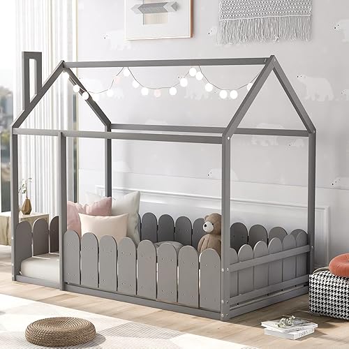 Harper  Bright Designs Cama de casa para niños cama de tamaño matrimonial con techo y valla marco de cama de madera para niños adolescentes niñas y