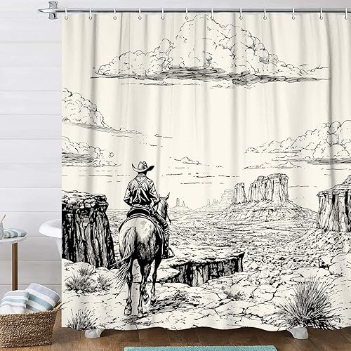 Miniatura 19 de DYNH Cortina de ducha vaquera del oeste, juego de cortina de ducha de estilo retro americano del país del salvaje oeste con vaquero montando