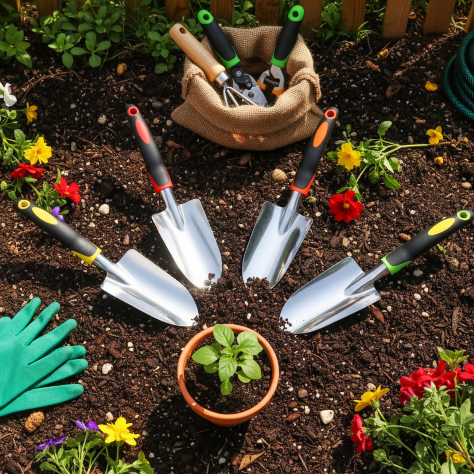 Yaocom 12 pala da giardino in lega di alluminio resistente, piccole pale da scavo in metallo, con manico morbido, per giardino, prato, cortile (pala larga, giallo, verde, arancione, rosso)