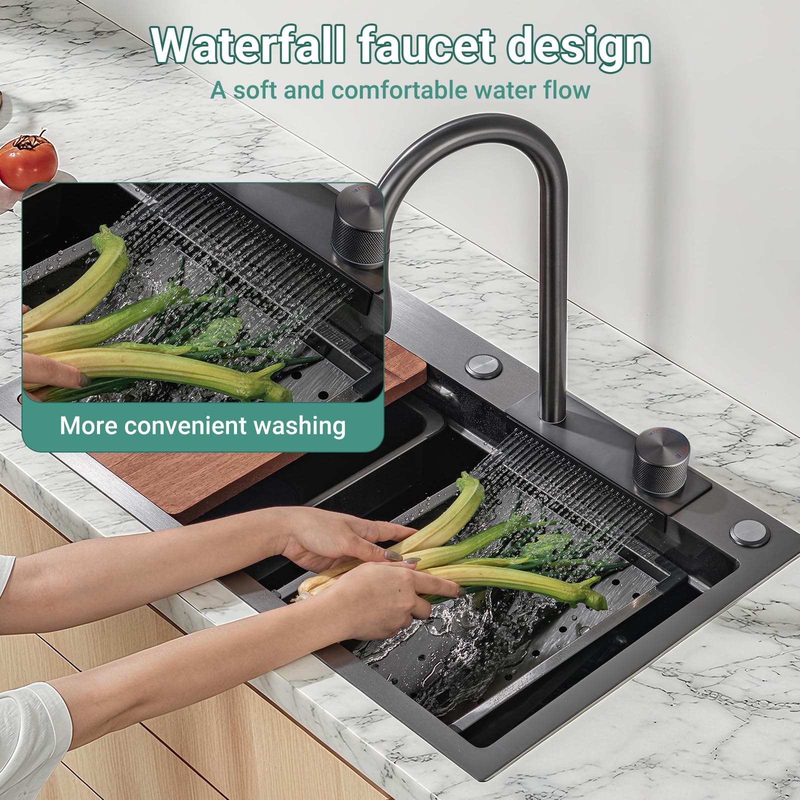 Fregadero de cocina de 30 pulgadas con grifo combinado de cascada negro, fregadero de cocina de cascada de acero inoxidable, encimera de cocina, multifuncional, montaje inferior o encimera, fregadero
