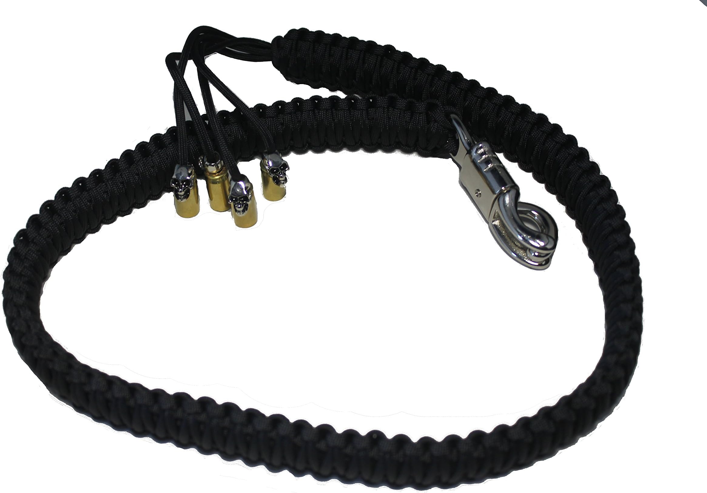 Biker Whip Get Back 45" All Black King Cobra Full Double Weave with Silver Punisher Skulls .45 Cal Casing