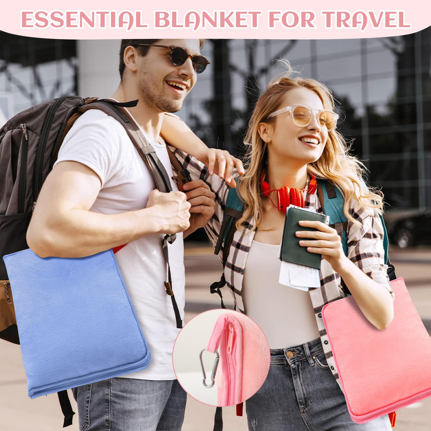 Manta de Viaje en Mini Funda Suave, Premium Suave 2 en 1 Manta de avión Bolsa Suave, Almohada Portátil para Adultos, Niños con Funda, Manga para Equipaje, Clip para Mochila, Viajes de Negocios, Rosa