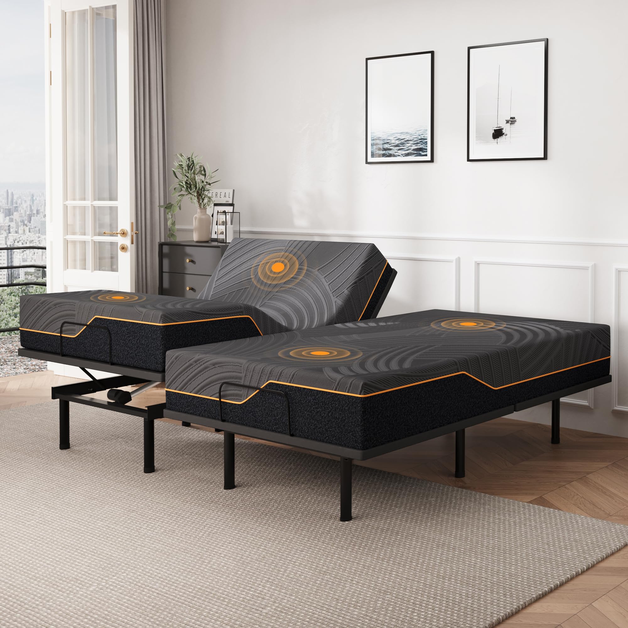 Dyonery Split King Adjustable Bed Base Frame with Wireless Remote + 14 Inch Copper Memory Foam Mattress Bed in a Box, Head and Foot Incline & Massage,