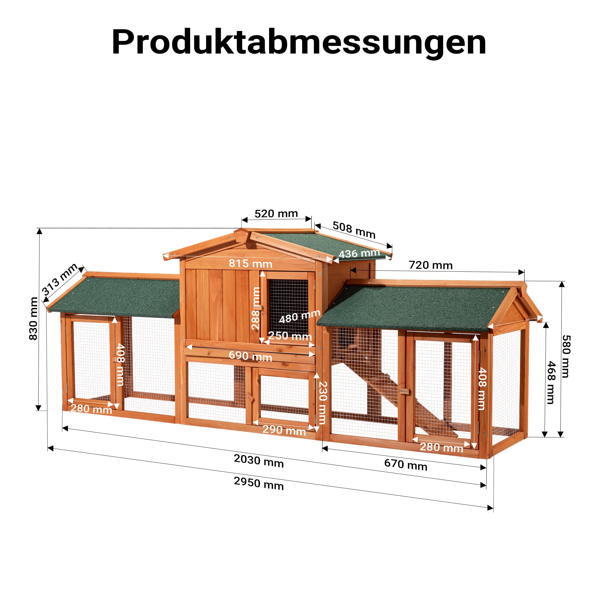 Wiltec XXL Hasenstall 2110 x 530 x 835 mm mit Freilaufgehege und erhöhtem Unterschlupf aus Kiefernholz, Kaninchenkäfig mit 2 Etagen, Kleintierstall