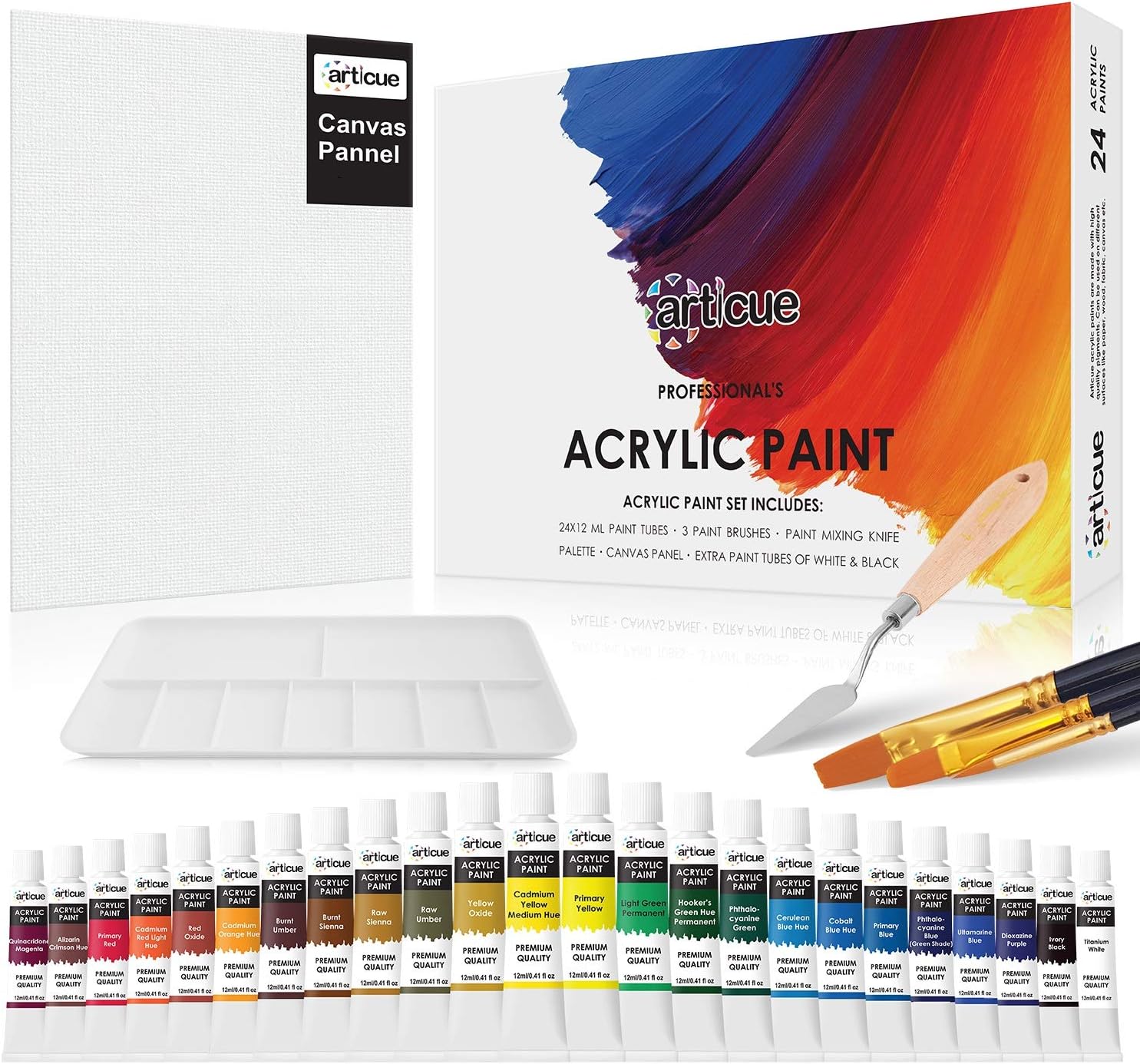 24 Colors Acrylic Paint Set with Canvas, Brushes, Palette & Knife by Articue - A Complete Canvas Painting Kit For Adults and Teens
