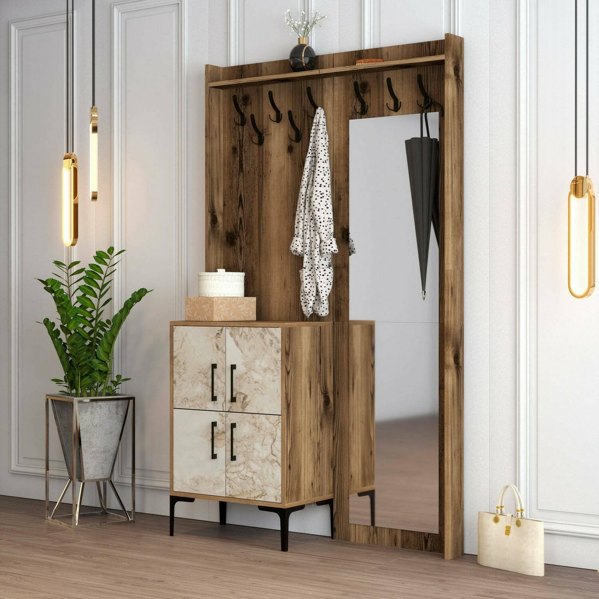 Dmora - Mobile da ingresso Pollux, Entratina appendiabiti, Composizione per atrio, Consolle portaoggetti multifunzione, 120x35h200 cm, Noce e Bianco