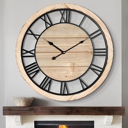 Miniatura 13 de LEIKE Reloj de pared grande de 24 pulgadas - Reloj de pared silencioso y sin tictac, estilo rústico, con marco de madera, vintage, estilo granja,