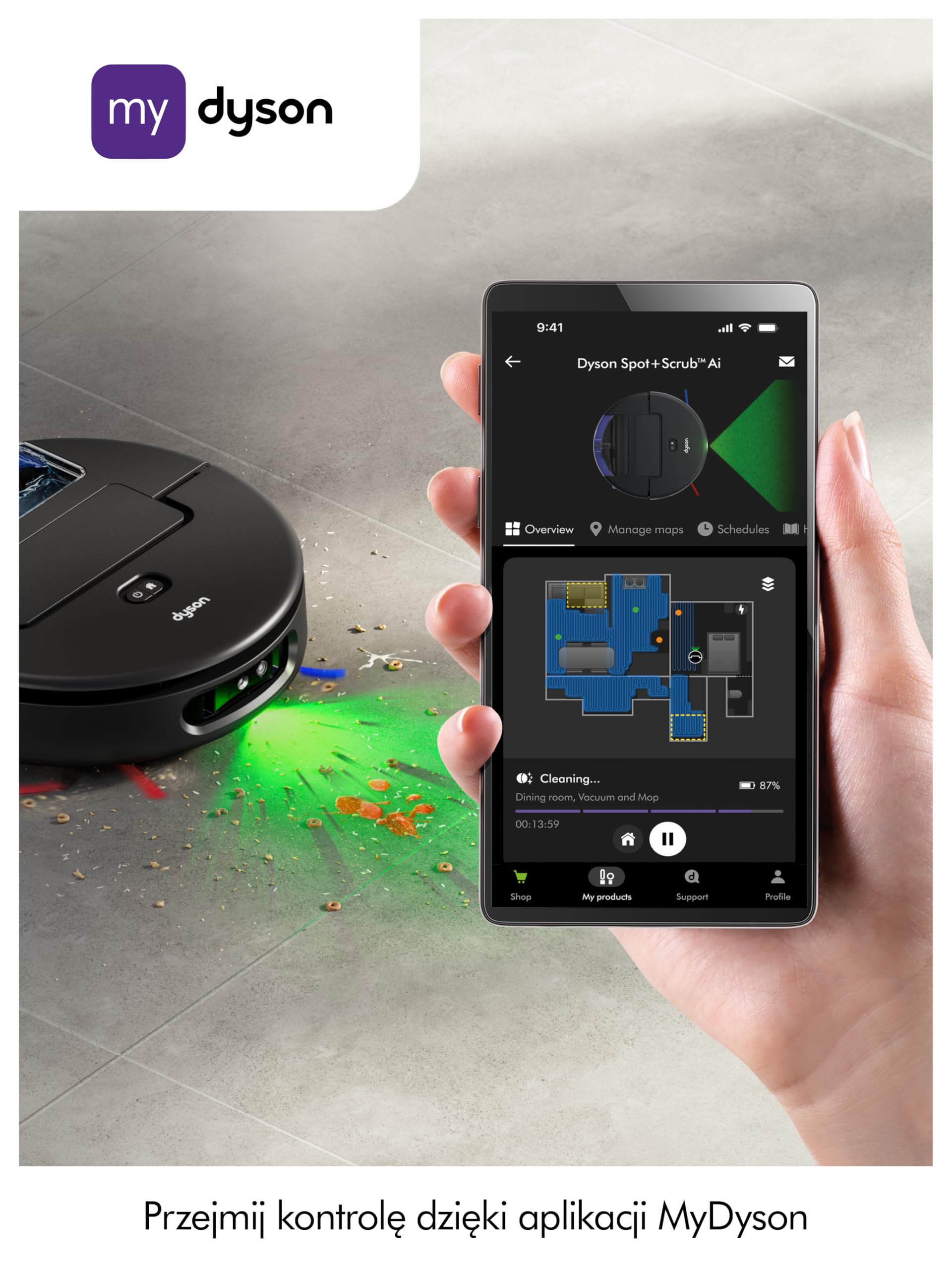 Robot odkurzający Dyson Spot+Scrub™ AI do pracy na mokro i sucho, wałek samoczyszczący, 4× większa siła ssania na dywanach, automatyczne opróżnianie, usuwanie plam za pomocą AI (Czarny/Niebieski)