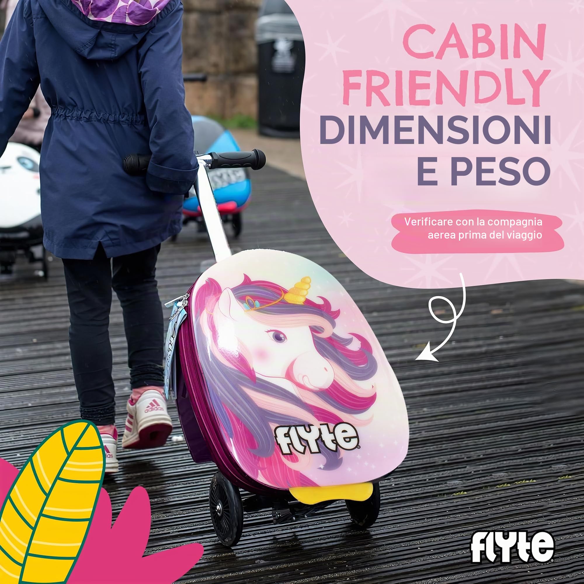 Flyte, valigia pieghevole monopattino per bambini, rigida, con ruote, 2 in 1, 18 pollici (45,7 cm), capacità 25 litri, Luna l'Unicorno