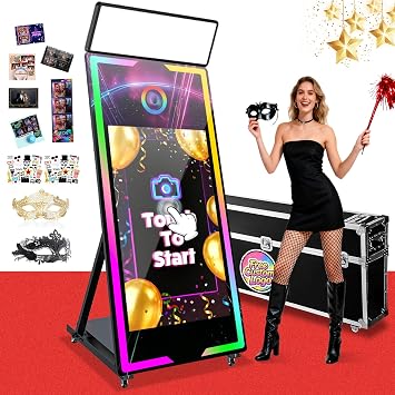 Magic Mirror Photo Booth 65" with 43" Touch Screen Selfie Mirror Photo Booth Machine with Flight Case App Remote Control Ring Light for Event Rental Wedding Party Black