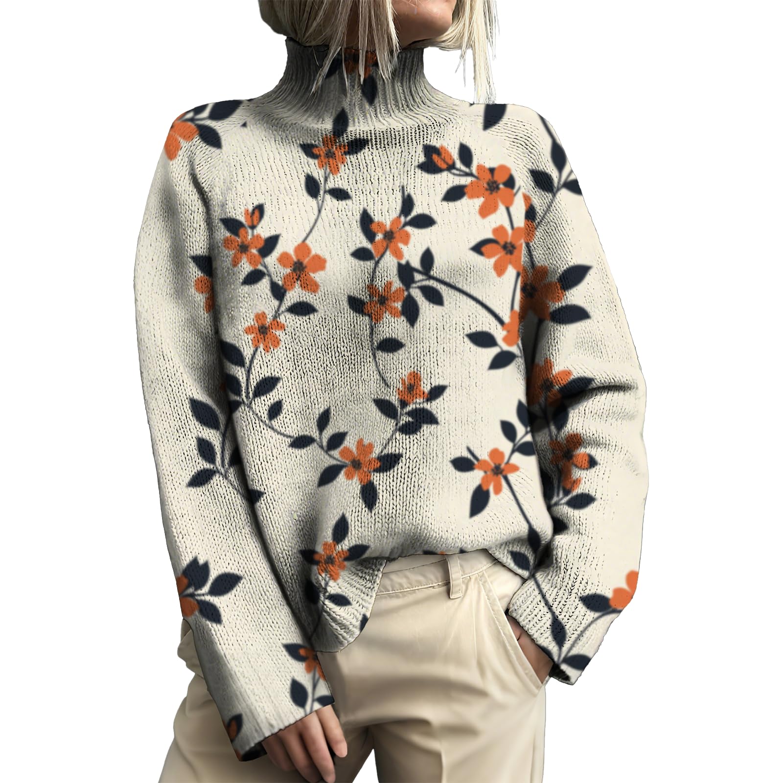 MARSVOVO Fashion Casual Fall Sweaters for Women Soft Loose Cozy Turtleneck Sweater Vintage Spring Pullover Tops