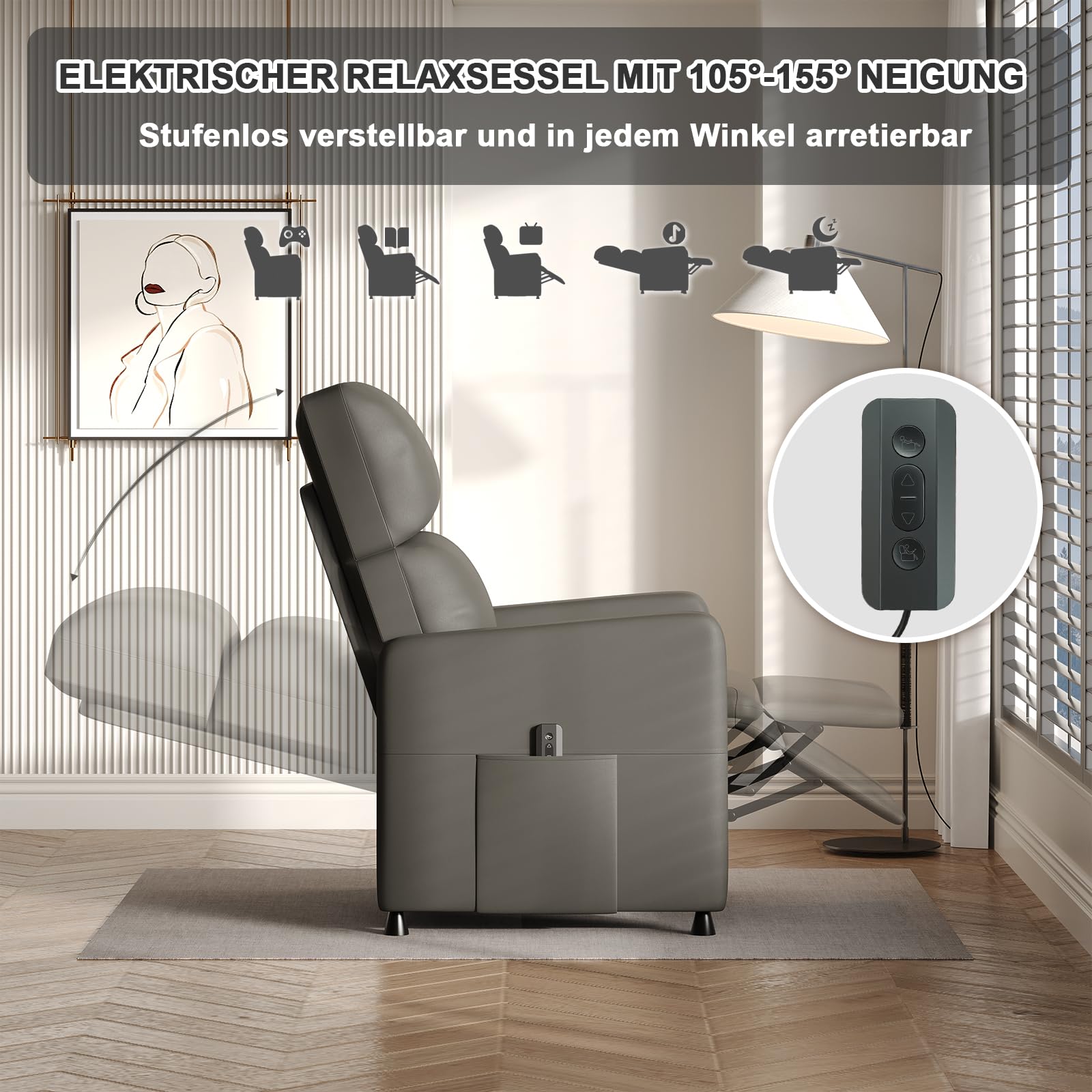 Devoko Elektrisch Verstellbarer Relaxsessel mit Liegefunktion - Fernsehsessel Einzelsessel Ruhesessel Liegesessel für Wohnzimmer & Schlafzimmer Heimkino - PU Graugrün
