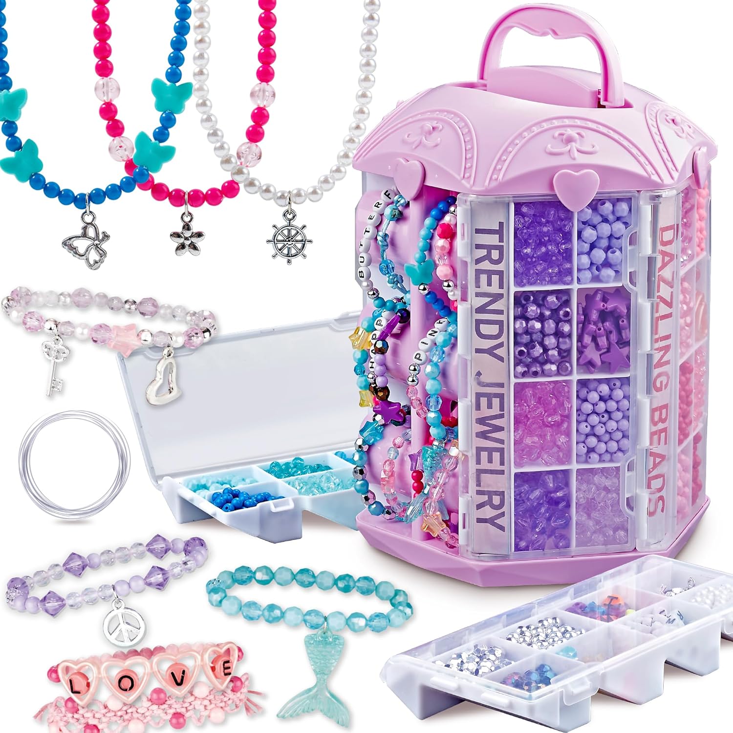 P&C Bead Bracelet Making Kit for Girls Ages 6-12 with Storage Tower 1600pcs Bulk Kandi Beads for Bracelet with Pony Alphabet Beads & Charms Arts and Crafts Kit Gift for Birthday Christmas Toy