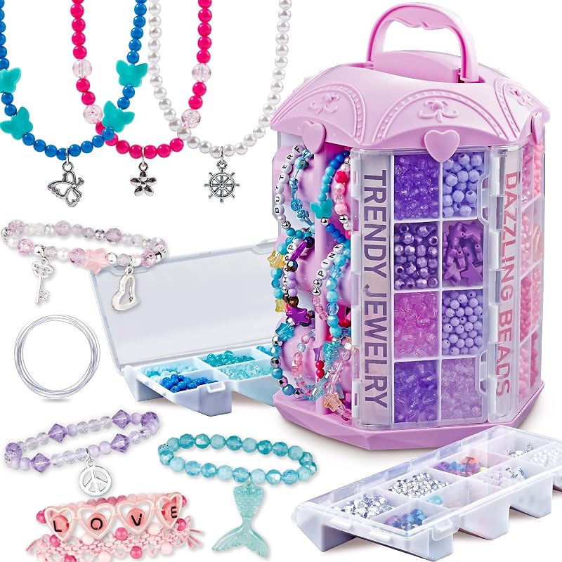 Bead Bracelet Making Kit for Girls Ages 6-12 | Storage Tower, 1600pcs Bulk Kandi Beads, Pony Alphabet Beads & Charms, Arts and Crafts Kit, Gift for Birthday Christmas